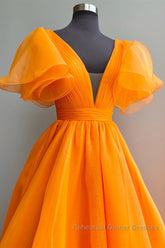 Short Sleeves Orange Long Semi Formal Prom Dresses, Orange Long Formal Evening Dresses